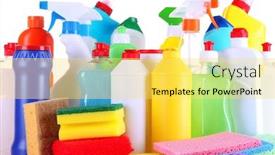  Presentation with sponges - Theme consisting of different kinds of house cleaners and colorful sponges gloves isolated on white background and a yellow colored foreground