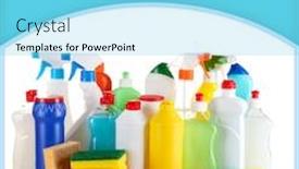  Presentation with sponges - Presentation theme consisting of different kinds of house cleaners and colorful sponges gloves isolated on white background and a light blue colored foreground