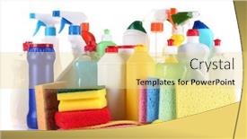  Presentation with white house - Presentation theme enhanced with different kinds of house cleaners and colorful sponges gloves isolated on white background and a blonde colored foreground