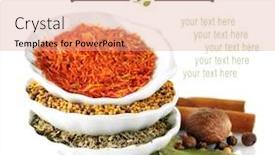  Presentation with ceramics - Colorful slide deck enhanced with different kinds of spices in ceramics bowls isolated on white backdrop and a coral colored foreground