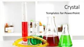  Presentation with glassware - Audience pleasing PPT theme consisting of different laboratory glassware with color liquid on laboratory background backdrop and a white colored foreground