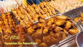  Presentation with market - Presentation design consisting of different-meat-skewer-in-street background and a tawny brown colored foreground