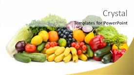  Presentation with healthy - Presentation design having different multi-colored healthy fruits and vegetables isolated on white background background and a white colored foreground