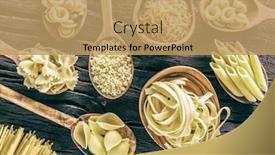  Presentation with pasta - Slide set enhanced with different pasta types in wooden spoons on the table top view background and a coral colored foreground