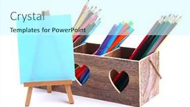  Presentation with pencils - Amazing presentation theme having different pencils in wooden crate and easel isolated on white backdrop and a cool aqua colored foreground