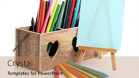  Presentation with pencils - PPT theme with different pencils in wooden crate and easel isolated on white background and a coral colored foreground