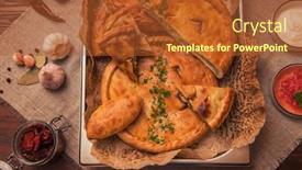  Presentation with baked pies - Presentation theme consisting of different pies from meat and vegetables freshly baked cakes on a table background and a red colored foreground