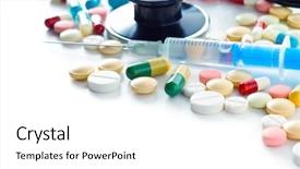  Presentation with chemistry white pills - Beautiful PPT theme featuring different pills and syringe isolated backdrop and a  colored foreground