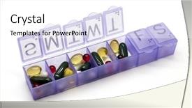  Presentation with medications - Theme with different pills medications the pills in the daily drug medicine organiser drugs closeup background and a white colored foreground