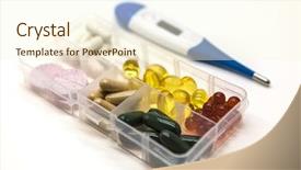  Presentation with medications - Cool new PPT layouts with different pills medications the pills in the daily drug medicine organiser drugs with thermometer closeup on white background backdrop and a cream colored foreground