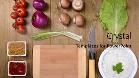  Presentation with catering banquet table different - Presentation theme enhanced with different products on kitchen table background and a coral colored foreground