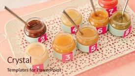  Presentation with taste - Beautiful PPT theme featuring jars with different puree on table game guess taste for baby shower party backdrop and a lemonade colored foreground