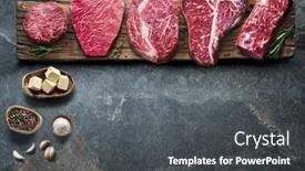  Presentation with steaks - Beautiful presentation theme featuring different-raw-beef-steaks backdrop and a dark gray colored foreground