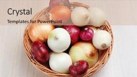  Presentation with onion - Presentation design featuring different raw onion on wooden background background and a soft green colored foreground
