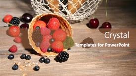  Presentation with sugar - Audience pleasing theme consisting of different ripe berries in sugar cones on wooden background backdrop and a coral colored foreground