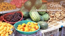  Presentation with mandarin fruits - PPT theme with different-ripe-fruits-watermelon-grapes background and a coral colored foreground