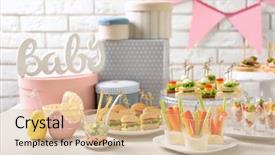  Presentation with banquet - PPT theme consisting of different snacks for baby shower background and a coral colored foreground