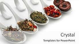  Presentation with ceramic - Presentation design featuring different sorts of dry tea in ceramic spoons isolated on white background and a white colored foreground