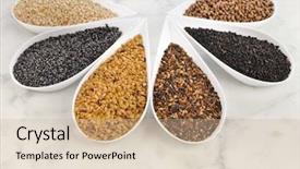  Presentation with porcelain - Amazing PPT layouts having mustard seeds flax coriander - different spice seed in white backdrop and a soft green colored foreground