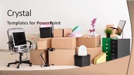  Presentation with new office - Cool new PPT layouts with premises - moving boxes and different stuff backdrop and a sky blue colored foreground