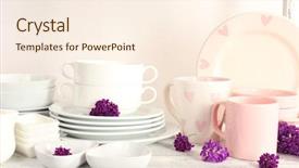  Presentation with tableware - Colorful theme enhanced with different tableware on shelf isolated on white backdrop and a cream colored foreground