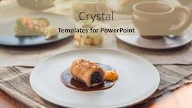  Presentation with roll - Presentation design consisting of different tasty dishes on the restaurant table meat roll on the plate background and a coral colored foreground