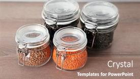  Presentation with lentils - PPT theme having different types of lentils in glass jars on wooden table background and a coral colored foreground