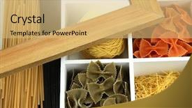  Presentation with pasta - Slide deck consisting of different types of pasta in white wooden box sections close-up background and a yellow colored foreground