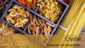  Presentation with table napkin - Colorful presentation design enhanced with different types of pasta in wooden box with napkin on wooden table background backdrop and a gold colored foreground