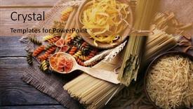  Presentation with pasta - Cool new slide set with different types of pasta on sackcloth on wooden background backdrop and a gold colored foreground