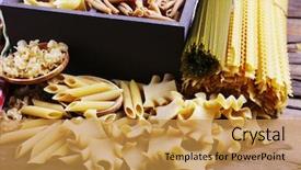  Presentation with table napkin - Audience pleasing slides consisting of different types of pasta in wooden box with napkin on wooden table background backdrop and a gold colored foreground