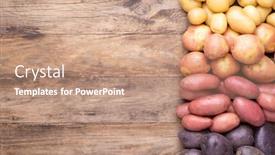  Presentation with copy space - Presentation design consisting of different types of potatoes on wooden rustic table with copy space background and a coral colored foreground