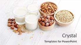  Presentation with free food - Colorful presentation design enhanced with different vegan milk - food backdrop and a white colored foreground