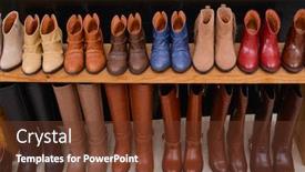  Presentation with women boutique - Amazing PPT theme having different women's boots on the shelves on wooden display in women shoes boutique store backdrop and a tawny brown colored foreground