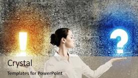  Presentation with questions question marks idea - PPT theme enhanced with difficult customer - image of businesswoman holding exclamation background and a soft green colored foreground