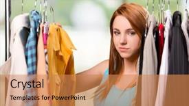  Presentation with clothing - Slides with difficult customer - woman choosing clothing in shop background and a coral colored foreground