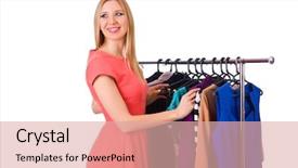  Presentation with clothing - Slide set featuring difficult customer - woman with clothing isolated background and a lemonade colored foreground