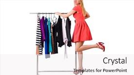 Presentation with clothing - Slides with difficult customer - woman with clothing isolated background and a white colored foreground