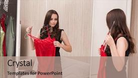  Presentation with clothing - PPT theme consisting of difficult customer - young woman choosing clothing background and a coral colored foreground