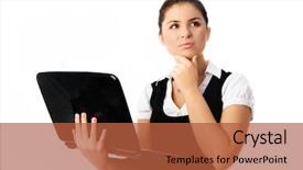  Presentation with laptop - Presentation enhanced with difficult decision - beautiful young thoughtful woman background and a red colored foreground