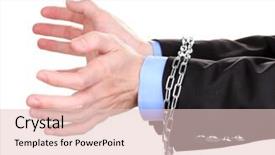  Presentation with chain - Presentation design consisting of difficult people - businessman hands fettered with chain background and a lemonade colored foreground
