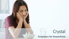  Presentation with depressed - Theme having difficulty - depressed woman sitting at kitchen background and a sky blue colored foreground