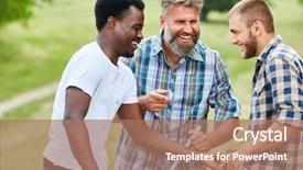  Presentation with three - Cool new PPT theme with difficulty - three men as friends laugh backdrop and a coral colored foreground
