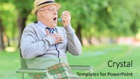  Presentation with difficulty - Presentation consisting of difficulty breathing - senior man having an asthma background and a seafoam green colored foreground