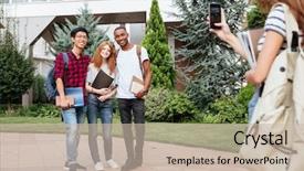  Presentation with 75th birthday photos heading - PPT theme enhanced with digi - woman student with backpack taking background and a  colored foreground