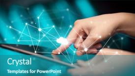  Presentation with tablet - Colorful slide deck enhanced with digital - female hands touching tablet backdrop and a ocean colored foreground