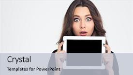  Presentation with weight loss woman showing - Presentation featuring portrait of amazed young woman showing tablet computer screen isolated on a white background background and a lemonade colored foreground