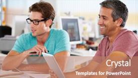  Presentation with computer - PPT theme featuring digital advertising - two men using tablet computer background and a coral colored foreground