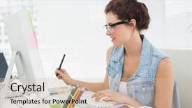  Presentation with cheerful stylish city girl using - Slides featuring digital agency - cheerful casual businesswoman using computer background and a lemonade colored foreground