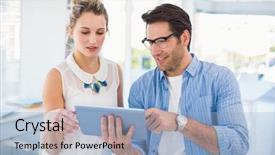  Presentation with employees working together - Beautiful PPT theme featuring digital agency - cheerful photo editors working together backdrop and a light blue colored foreground